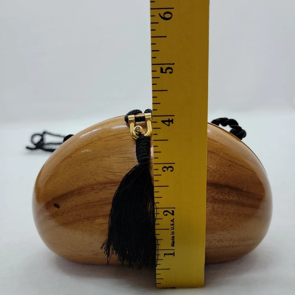 Timmy Woods Beverly Hills Handcrafted Clutch Bag Black Tassel Strap Acacia Wood
